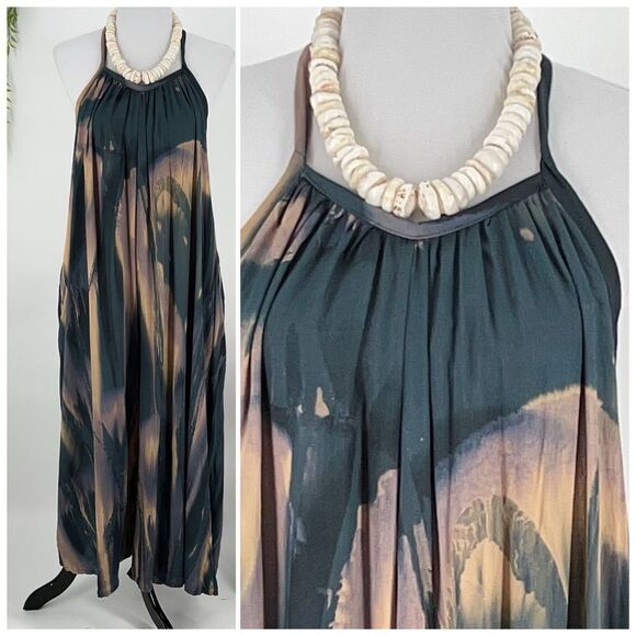 Kahakai ~ Teal Blue Purple Gray Tan Scoop Neck Plunge Back Overall Romper - Picture 4 of 15